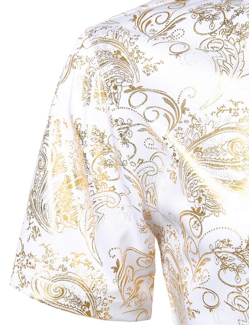 ZEROYAA Men's Luxury Paisley Shiny Stylish Slim Fit Short Sleeve Button Up Dress Shirt ZLCL23 White Gold Medium - Image 5